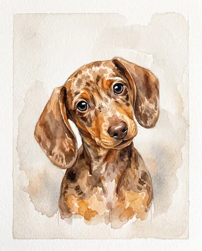 Watercolor Portrait of Dapple Dachshund Puppy