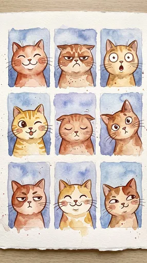 Watercolor Grid of Expressive Cartoon Cats