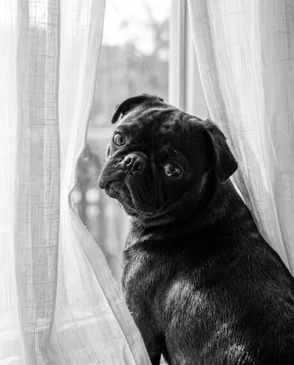 Black Pug Looking Through Window Curtains