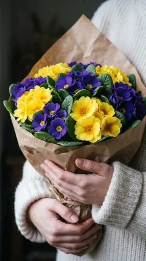 Woman Holding Yellow and Violet Primrose Bouquet