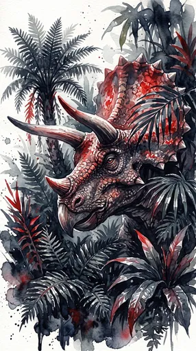 Watercolor Triceratops in Prehistoric Foliage
