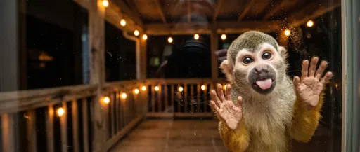 Squirrel Monkey Pressing Against Lit Porch Window