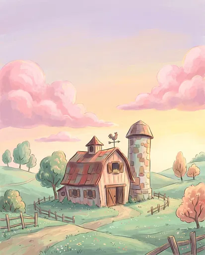 Whimsical Cartoon Barn in Pastel Sunset