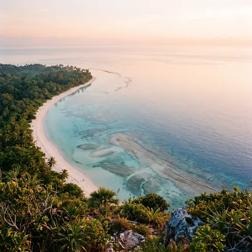 Tropical Crescent Beach and Lagoon at Sunrise