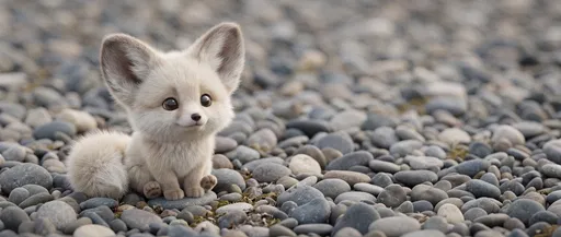 Cute Baby Fox on River Pebbles