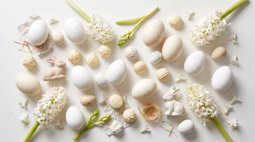 White Easter Eggs and Hyacinth Flat Lay