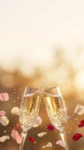 Clinking Crystal Champagne Flutes with Rose Petals