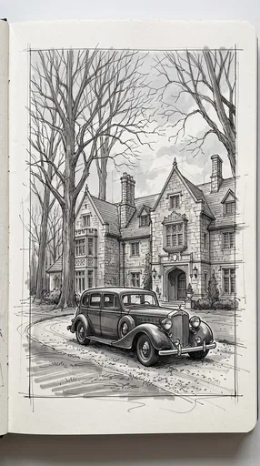 Vintage Car Outside Stone Manor Sketch