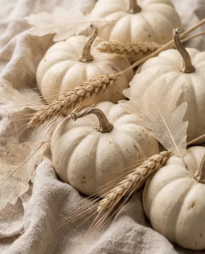 White Pumpkins and Wheat on Linen