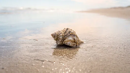 Spiral Seashell on Wet Beach Sand