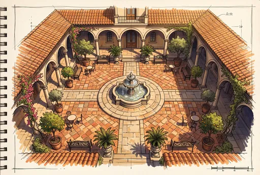 Mediterranean Courtyard Architectural Marker Sketch