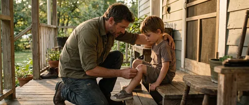 Father Applying Bandage to Son's Knee
