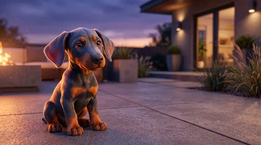Stylized Doberman Puppy on Patio at Dusk