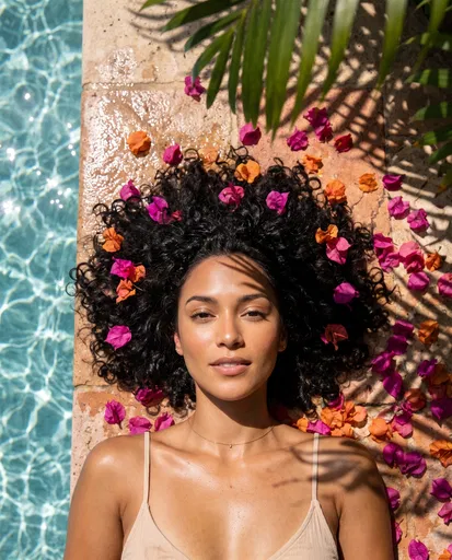 Woman Lying Poolside With Bougainvillea Petals