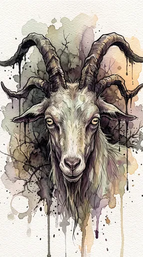 Eerie Four-Horned Goat Watercolor Illustration