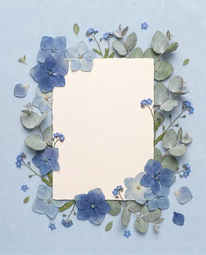 Blank Cream Card Framed by Blue Flowers