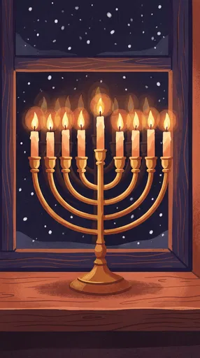 Glowing Hanukkah Menorah on Snowy Windowsill