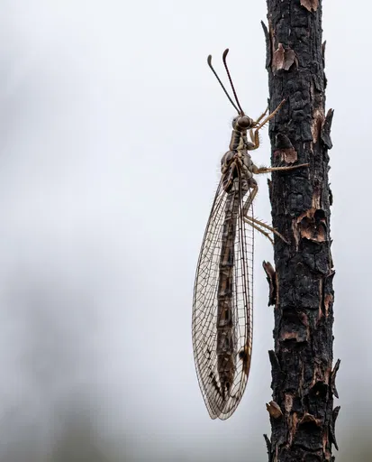Adult Antlion Resting on Charred Twig