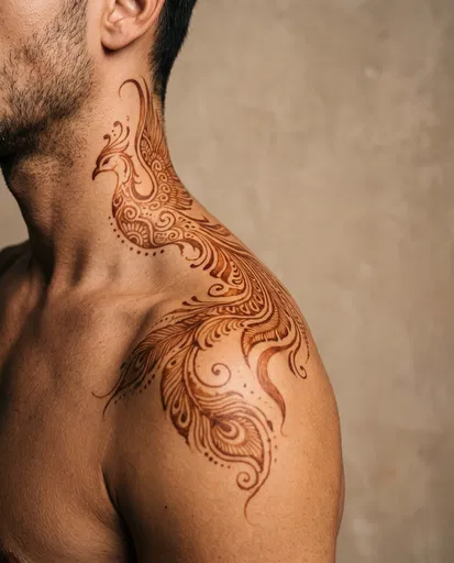 Henna Style Phoenix Tattoo on Man's Shoulder