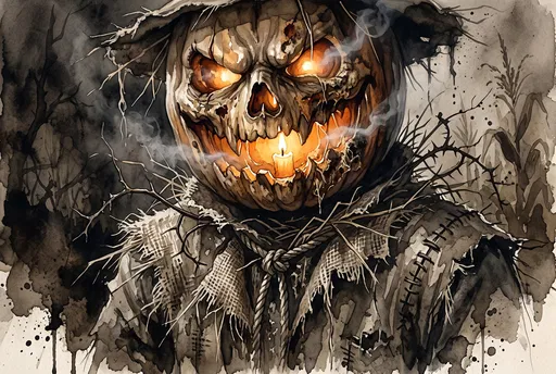 Spooky Watercolor Jack-O'-Lantern Scarecrow Illustration