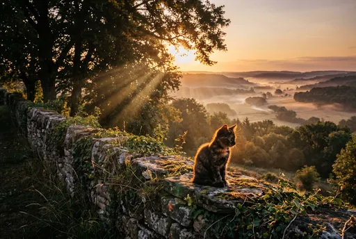 Tortoiseshell Kitten on Stone Wall at Sunset