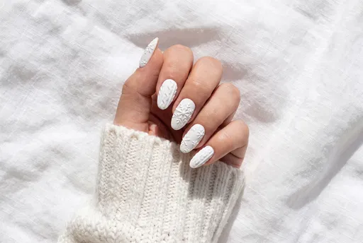 White Textured Winter Manicure on Linen