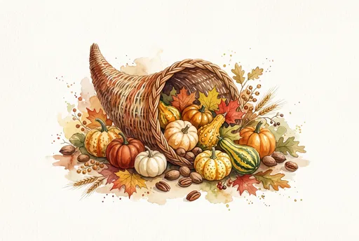 Watercolor Thanksgiving Cornucopia with Pumpkins and Leaves