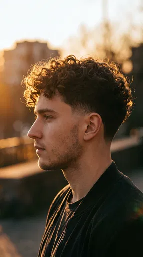 Young Man With Curly Hair At Sunset