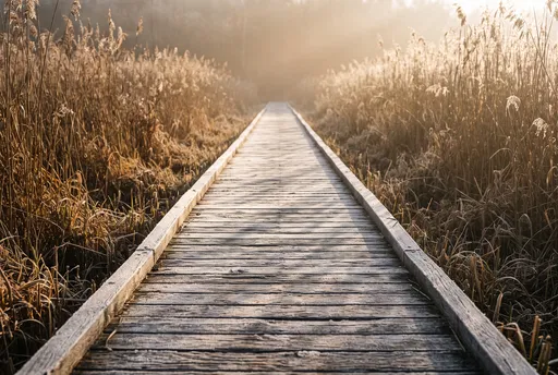 Frosty Wooden Boardwalk in Morning Mist
