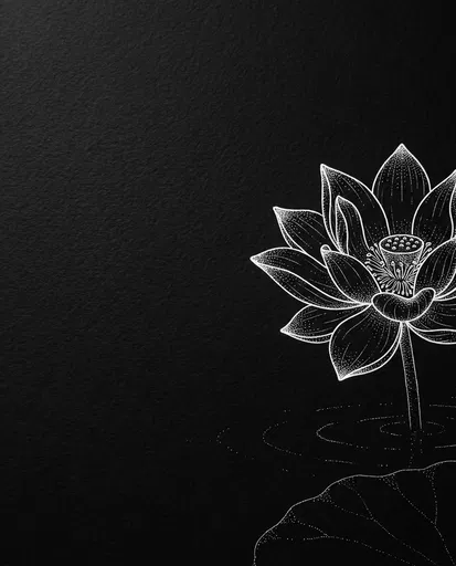 White Ink Lotus Drawing on Black Paper