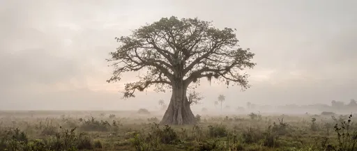Solitary Ceiba Tree in Misty Savanna