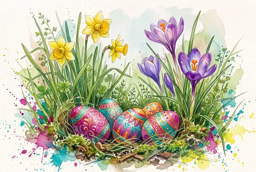 Watercolor Easter Eggs and Spring Flowers