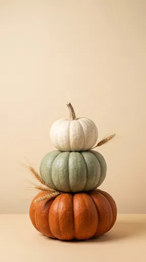 Stacked Heirloom Pumpkins With Wheat