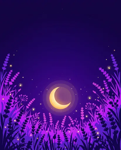 Night Lavender Meadow With Crescent Moon