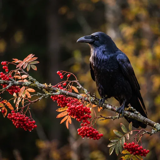 Raven Perched on Red Berry Branch