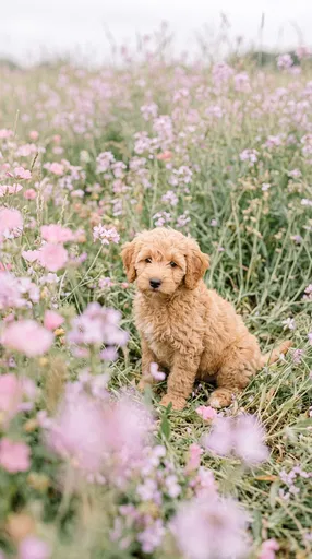 Golden Labradoodle Puppy in Spring Wildflowers