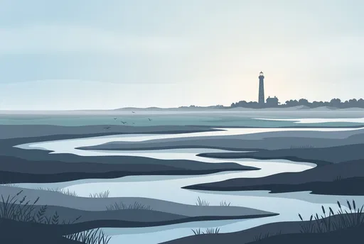 Minimal Coastal Marsh and Distant Lighthouse