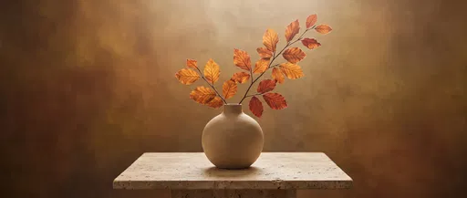Ceramic Vase with Autumn Leaves on Table