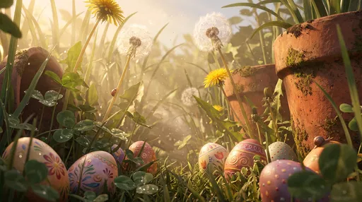 Decorated Easter Eggs in Sunlit Garden