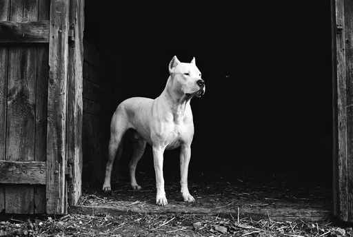 Dogo Argentino Standing in Barn Entrance