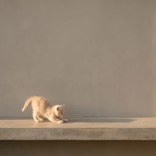 Cream Kitten Stretching on Concrete Ledge