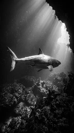 Monochrome Great White Shark Over Reef