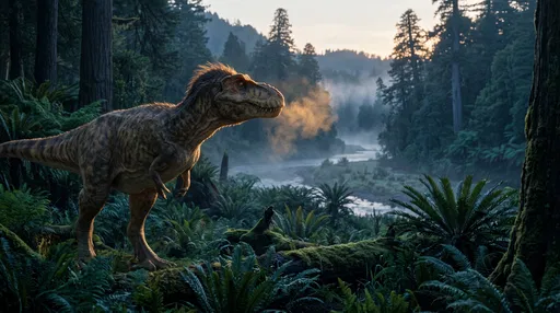Feathered Tyrannosaurus Rex in Misty Valley