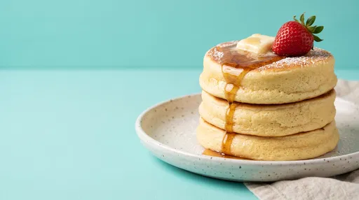 Fluffy Japanese Souffle Pancakes on Turquoise Background