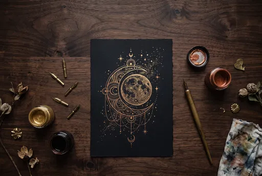 Metallic Gold Moon Illustration Flat Lay