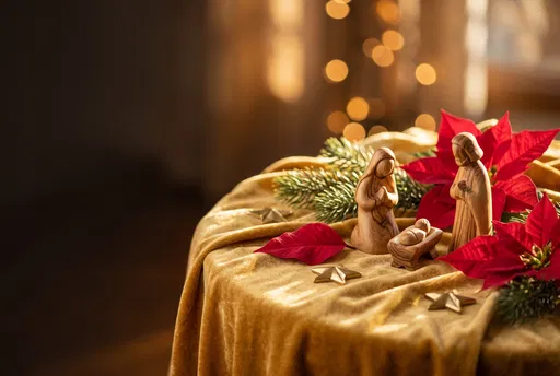 Wooden Nativity Scene on Gold Velvet