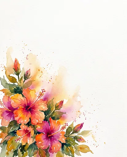 Watercolor Hibiscus Flowers Corner Arrangement