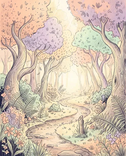 Whimsical Pastel Forest Path Illustration
