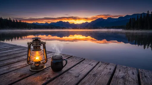 Lantern and Steaming Mug on Dock