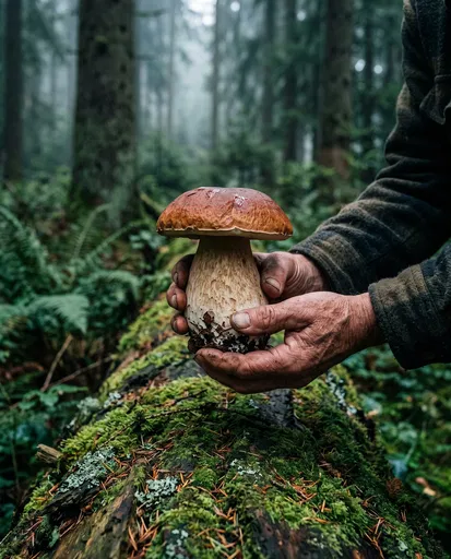 Hands Holding King Bolete Mushroom in Forest